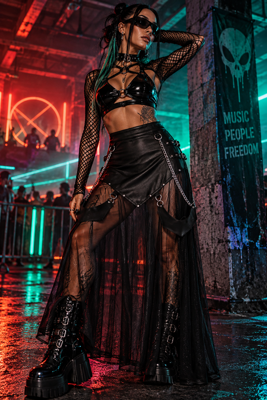 Black faux leather mesh rave skirt with chains, buckles and silver hardware styled at an underground techno rave