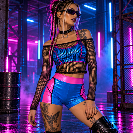 Black fishnet off-shoulder rave top layered over neon clothing at an underground techno rave