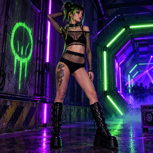Black fishnet rave co-ord set with off-shoulder long-sleeve top and matching high-waisted bottoms