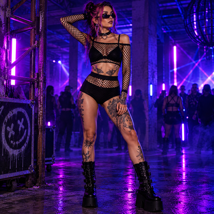 Black fishnet rave co-ord set with off-shoulder long-sleeve top and matching high-waisted bottoms