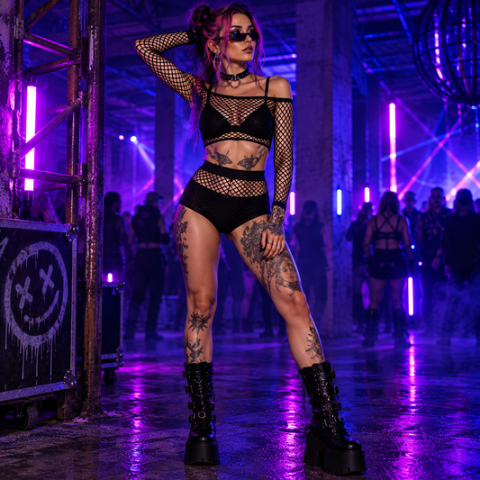 Black fishnet rave co-ord set with off-shoulder long-sleeve top and matching high-waisted bottoms