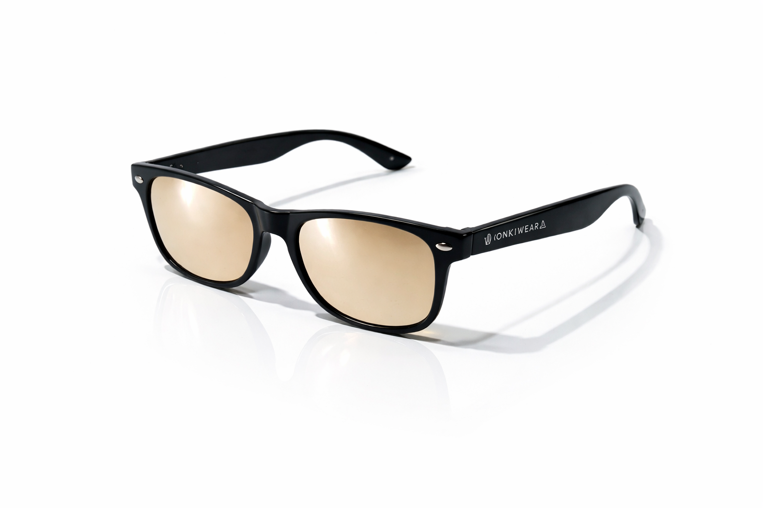 Black frame diffraction glasses with gold lenses shown at an angle on a white background