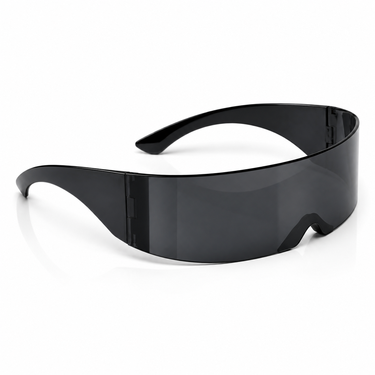 Angled view of black futuristic shield sunglasses