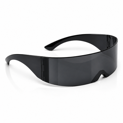 Angled view of black futuristic shield sunglasses