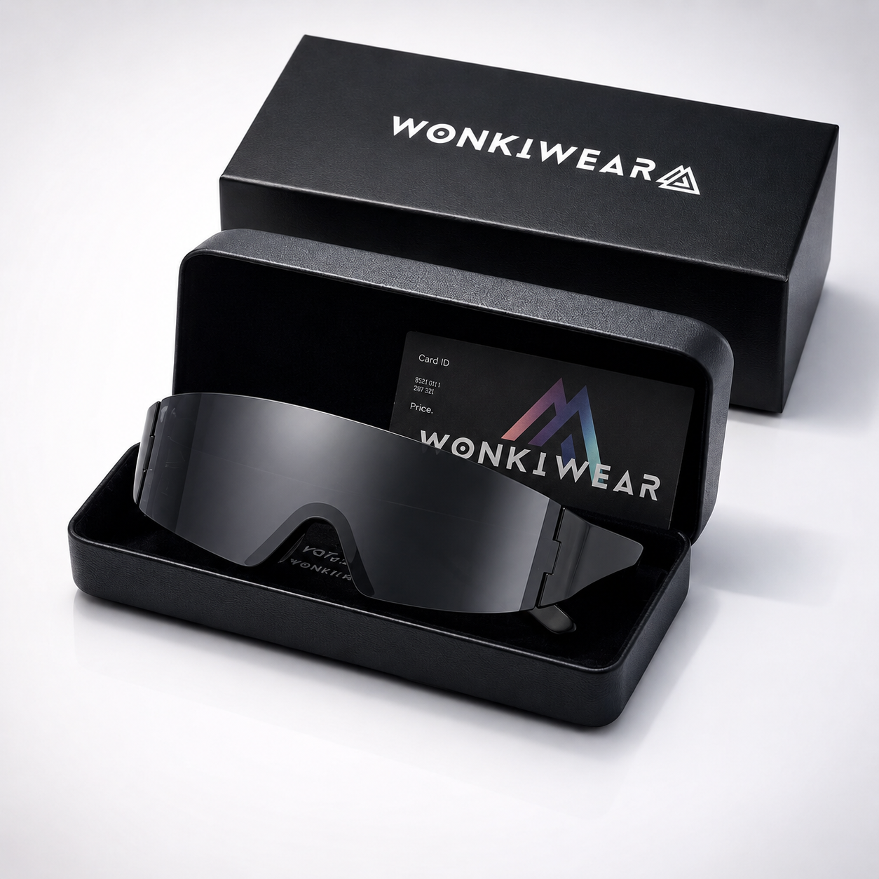 Black futuristic shield sunglasses displayed in WonkiWear gift box