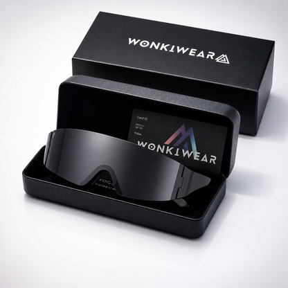 Black futuristic shield sunglasses displayed in WonkiWear gift box