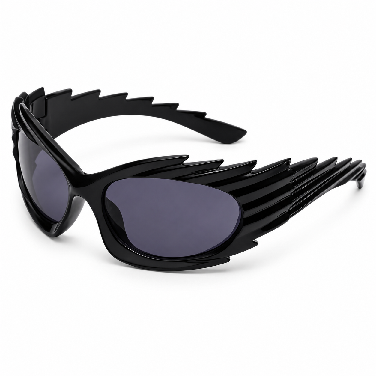 Black futuristic spikey ridged festival sunglasses on white background