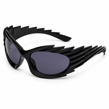 Black futuristic spikey ridged festival sunglasses on white background