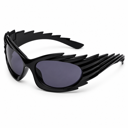 Black futuristic spikey ridged festival sunglasses on white background