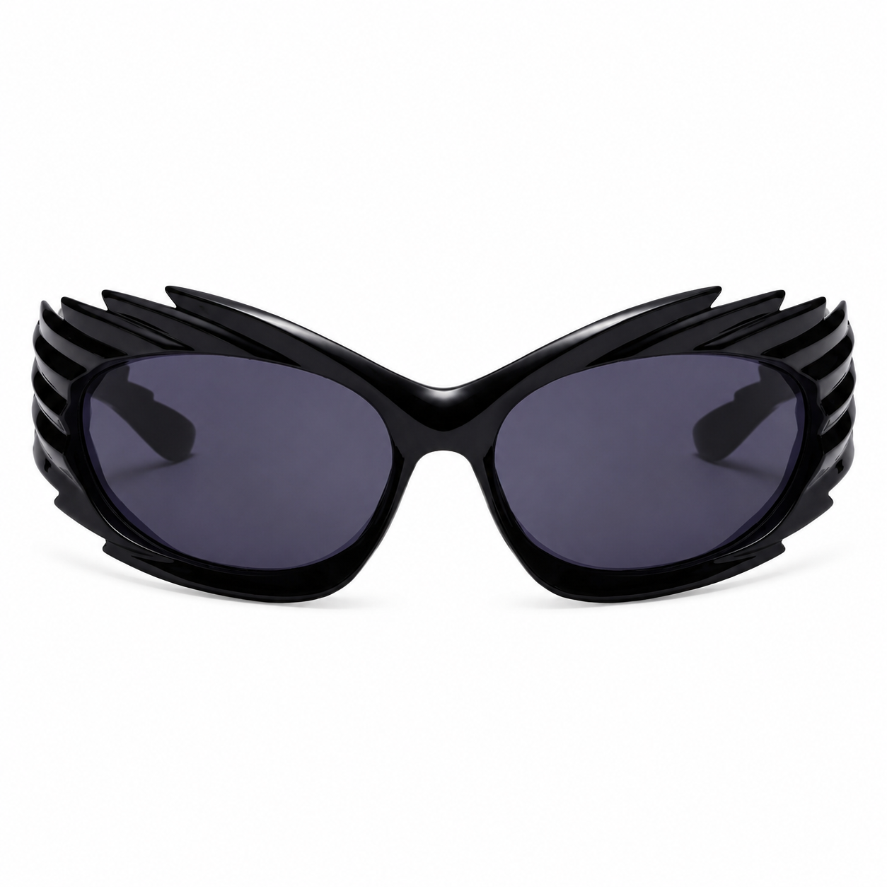 Front view of black futuristic spikey ridged statement sunglasses