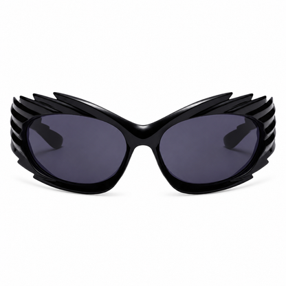 Front view of black futuristic spikey ridged statement sunglasses