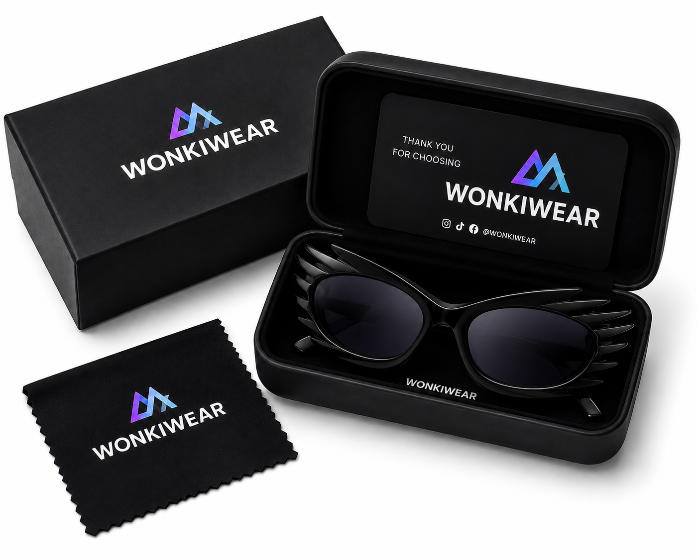 Black futuristic spikey ridged sunglasses in WonkiWear premium gift box