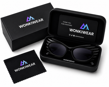 Black futuristic spikey ridged sunglasses in WonkiWear premium gift box