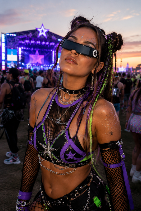 Festival model wearing black futuristic star shield sunglasses