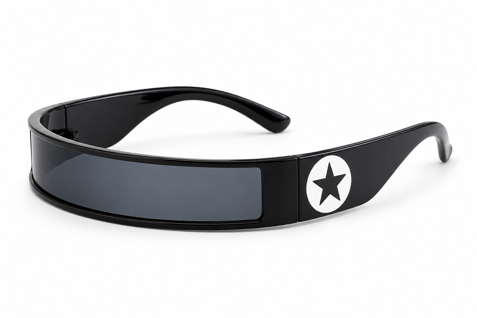 Angled view of black futuristic cyber rave sunglasses with star detail