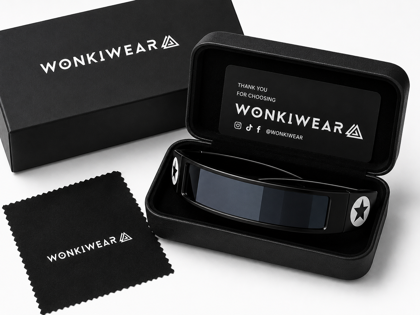 Black futuristic star shield sunglasses in WonkiWear premium gift box