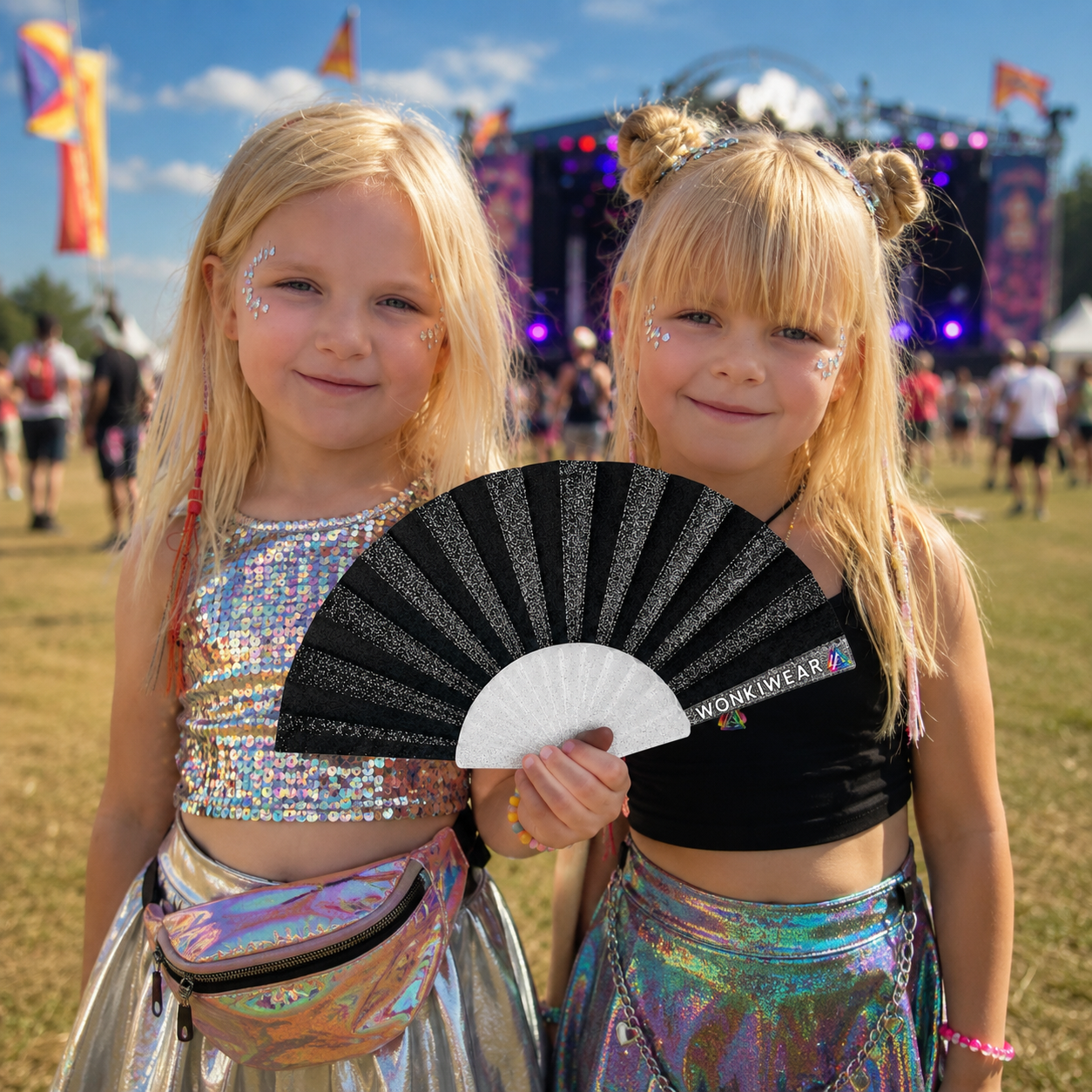 Two children enjoying a family music festival while holding a black glitter folding fan