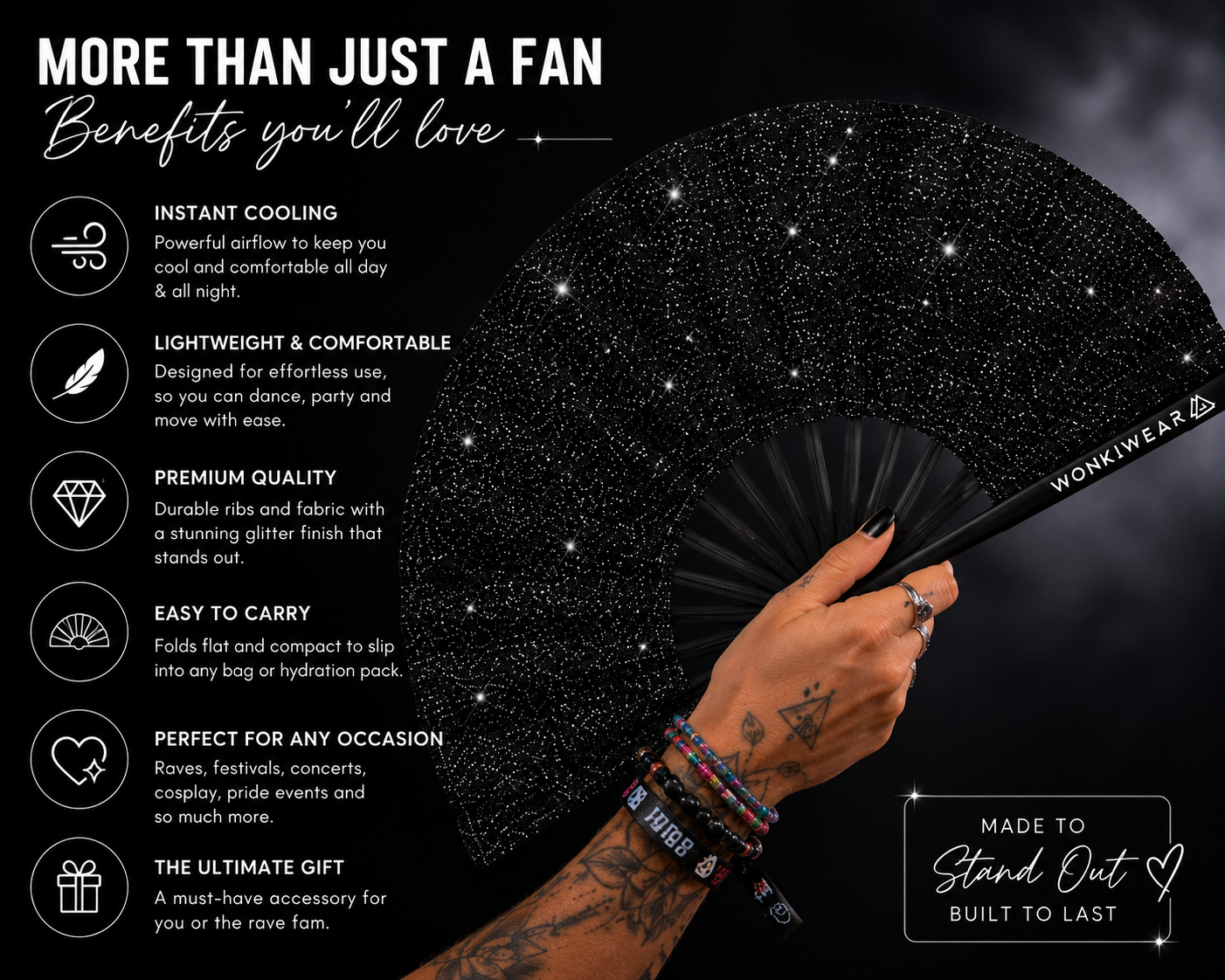 Black glitter festival fan benefits infographic showing cooling and portability features