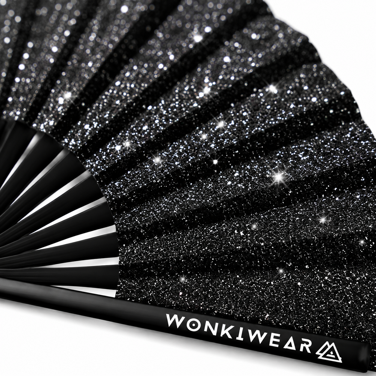 Close up glitter detail of black festival folding fan
