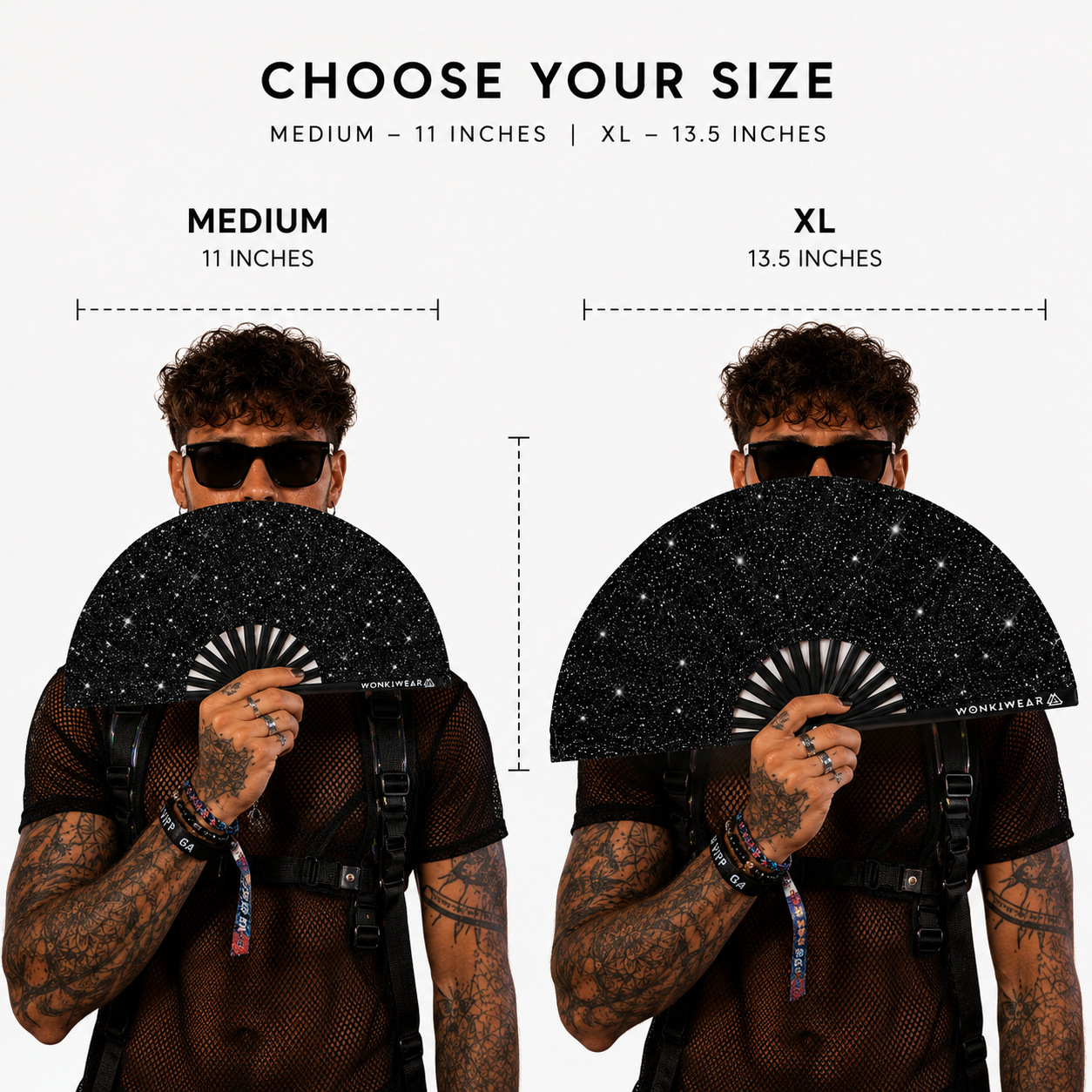 Size comparison of medium and XL black glitter festival fans held by model