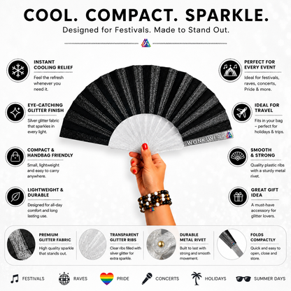Benefits infographic highlighting the cooling power, compact size and glitter finish of the black folding fan