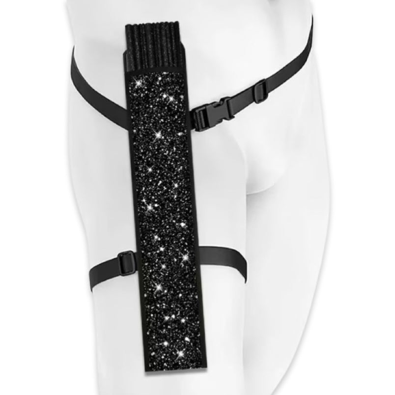 Close up of black glitter festival fan leg holster