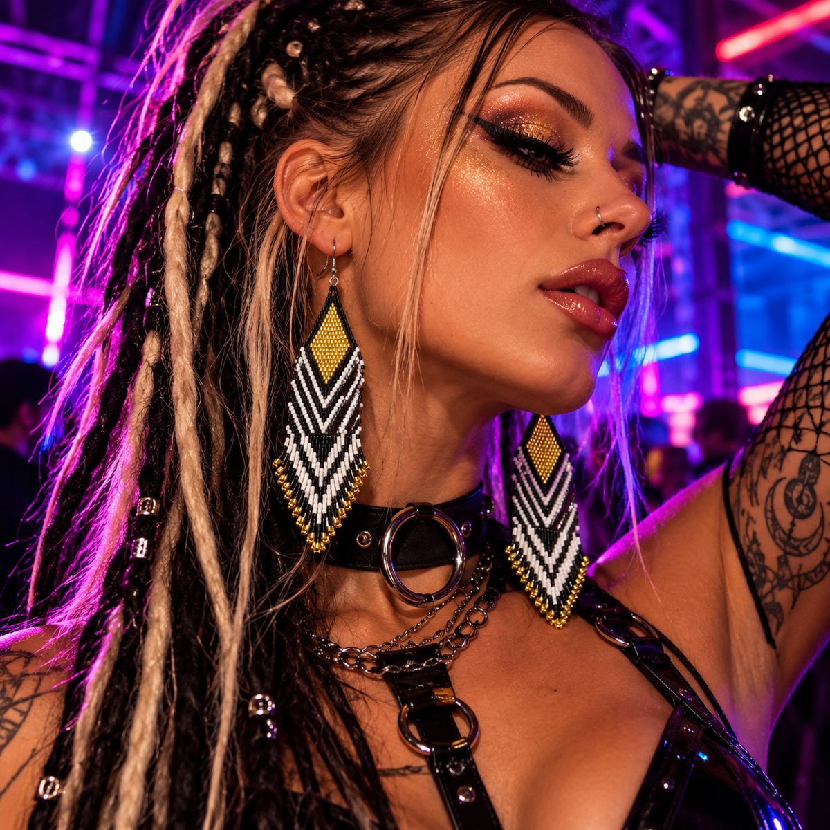 Woman wearing long black, gold and white handmade beaded fringe earrings at an underground neon rave.