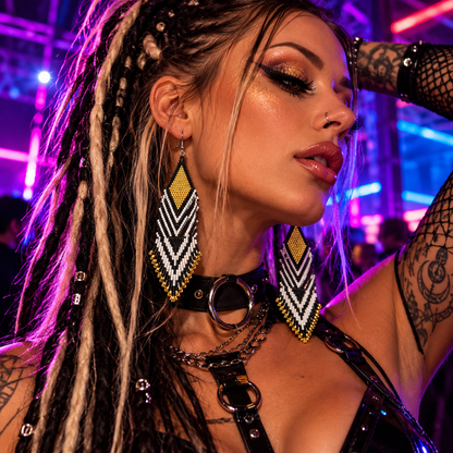 Woman wearing long black, gold and white handmade beaded fringe earrings at an underground neon rave.