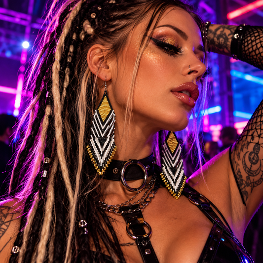 Woman wearing long black, gold and white handmade beaded fringe earrings at an underground neon rave.