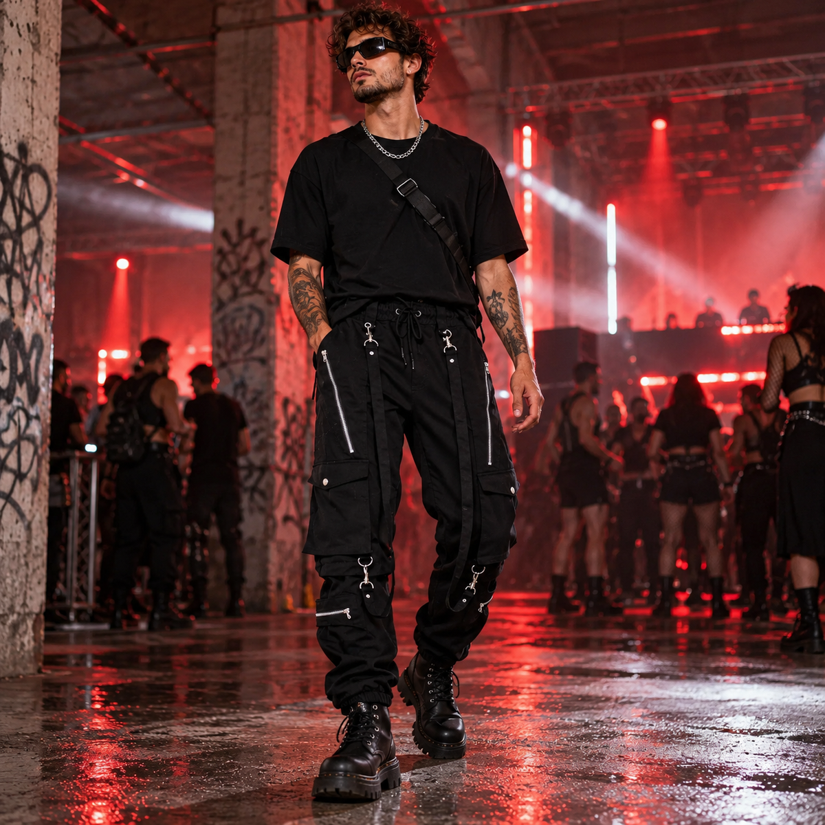 Male techno raver wearing black gothic cargo trousers with silver zips, utility pockets and hanging straps at an industrial underground rave.