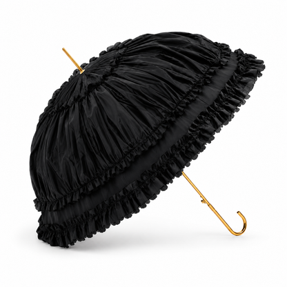 Black gothic lace dome umbrella with dramatic ruffle trim and gold handle on a white background.