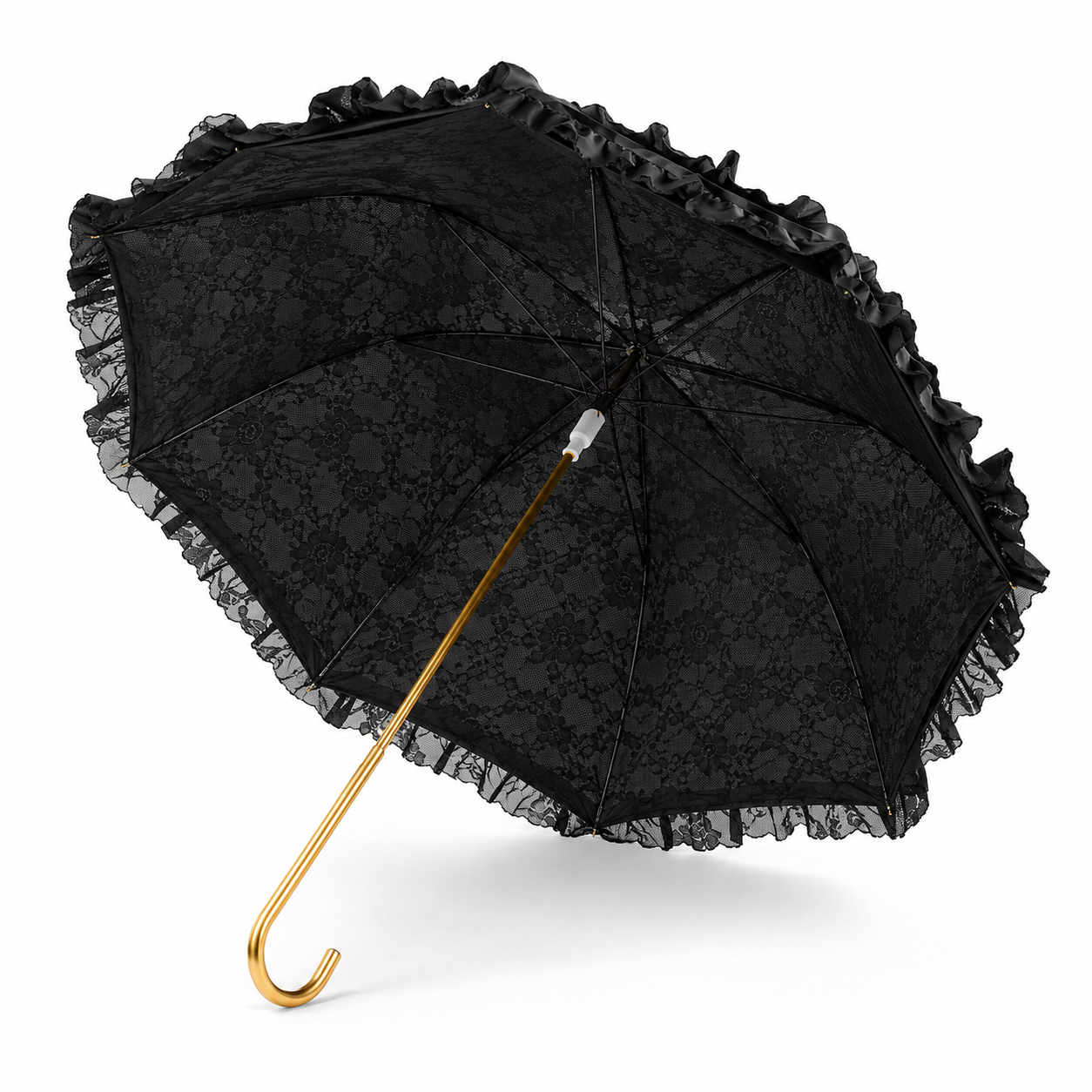 Black gothic lace dome umbrella showing intricate floral lace underside and decorative ruffle edging.