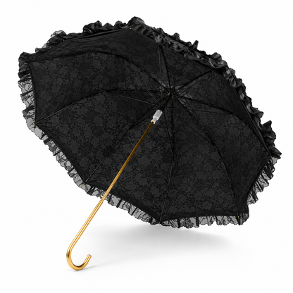 Black gothic lace dome umbrella showing intricate floral lace underside and decorative ruffle edging.
