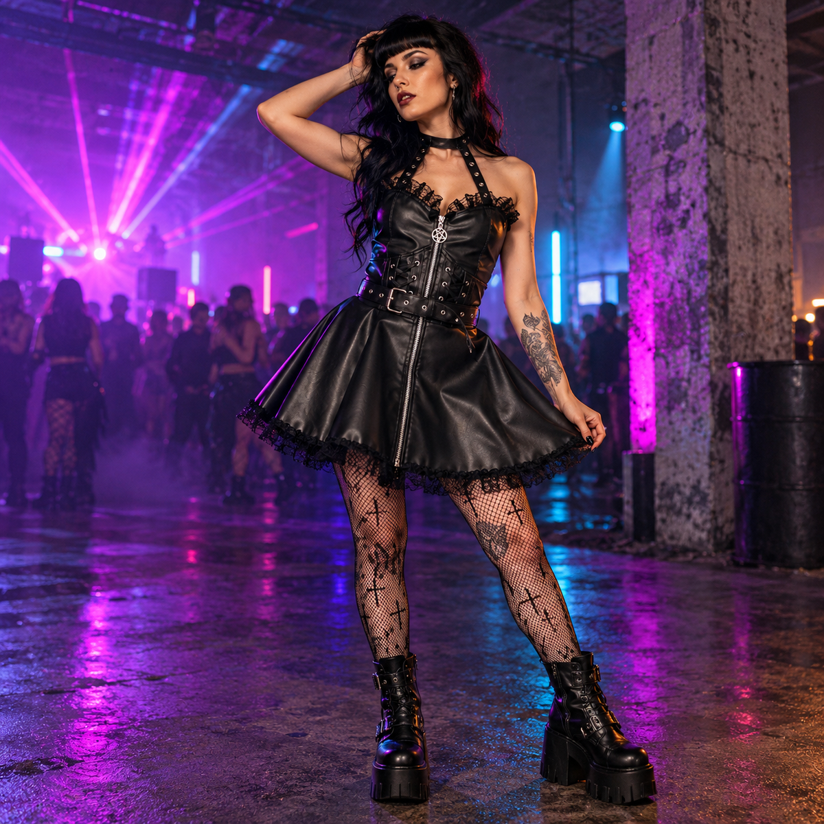 Black faux leather gothic skater dress with lace trim, corset lacing and studded harness straps styled at a neon-lit warehouse rave.