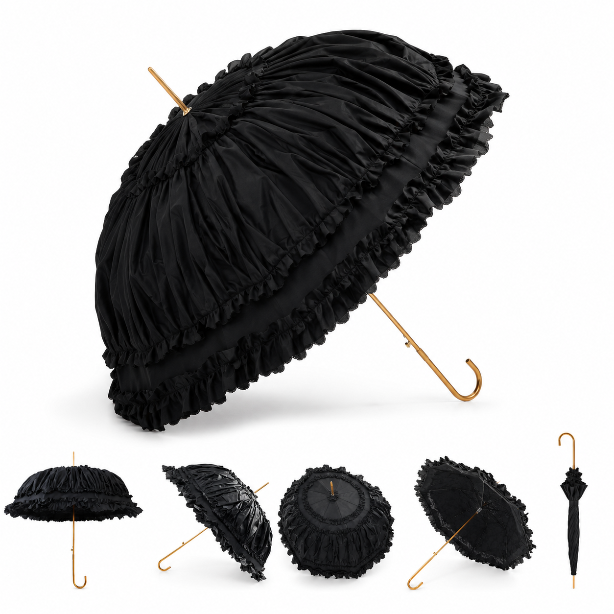 Angled view of a black gothic lace umbrella featuring layered ruffles and a gold hook handle.
