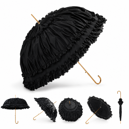 Angled view of a black gothic lace umbrella featuring layered ruffles and a gold hook handle.