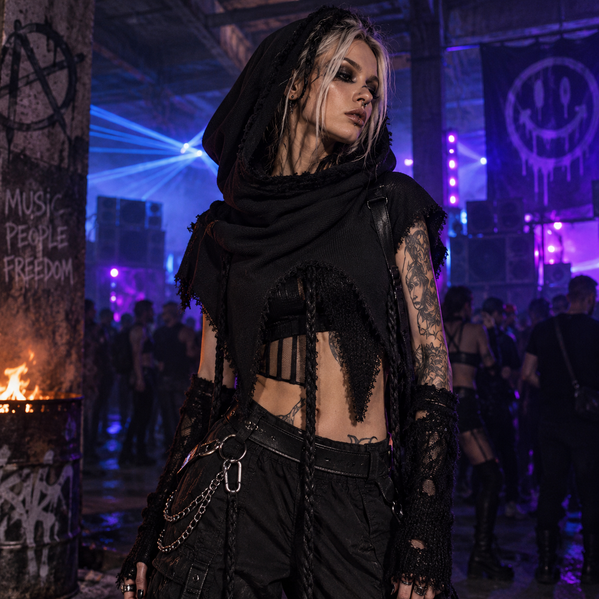 Black hooded rave poncho with pointed hem styled on an edgy model at an underground warehouse rave