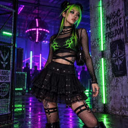 Black lace buckle rave skirt styled with neon cyber-goth clothing at an underground techno rave