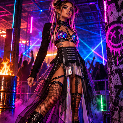 Black layered mesh skirt with faux leather waist cincher styled with colourful rave clothing at an underground neon rave