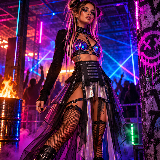 Black layered mesh skirt with faux leather waist cincher styled with colourful rave clothing at an underground neon rave
