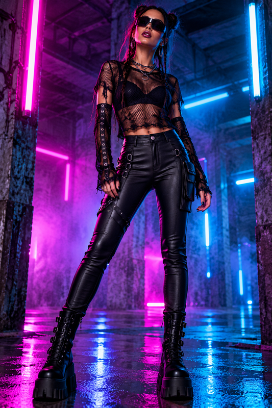 Black leather-look strap detail rave trousers styled with mesh and platform boots at an underground techno rave