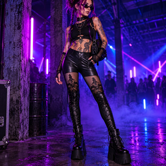 Black mesh panel rave leggings with corset-style lace-up detailing styled at an underground techno rave