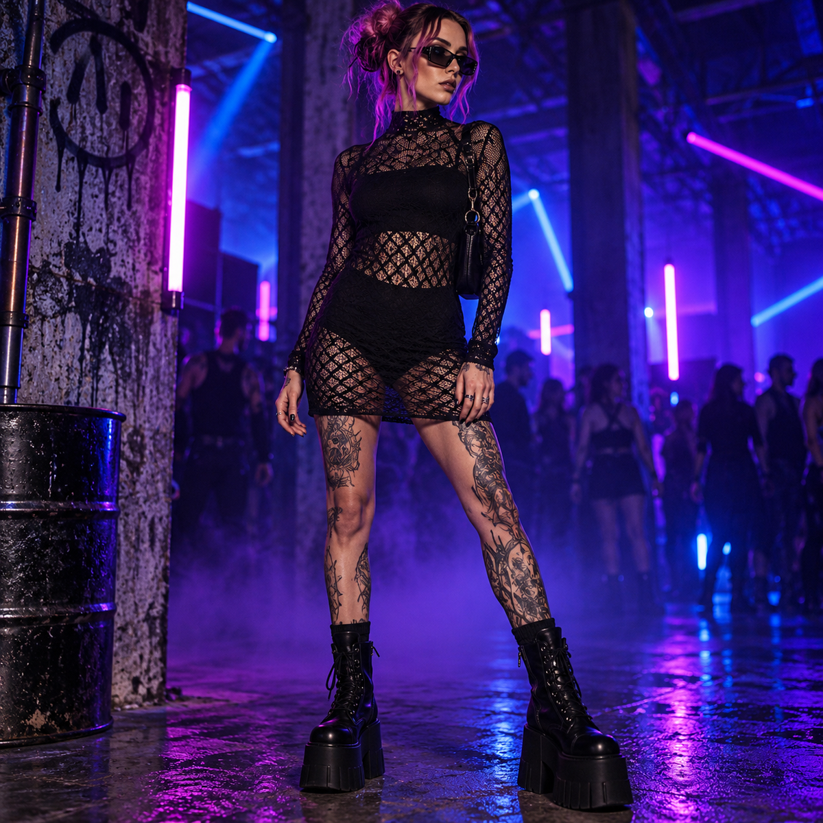 Black mesh rave mini dress layered over black clothing at an underground techno warehouse rave