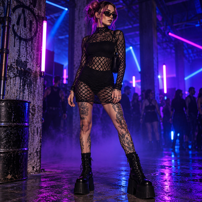 Black mesh rave mini dress layered over black clothing at an underground techno warehouse rave