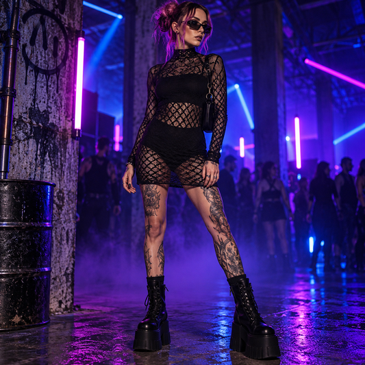 Black mesh rave mini dress layered over black clothing at an underground techno warehouse rave