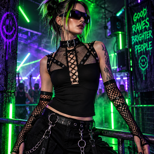 Black mesh strap rave top styled with neon cyber-goth clothing at an underground techno rave