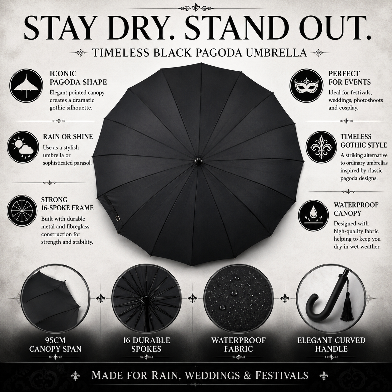 Benefits of black pagoda umbrella including gothic style and durable construction