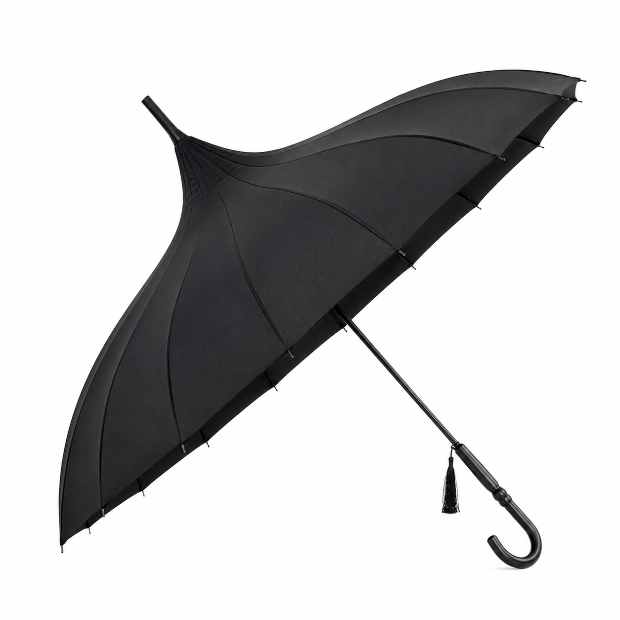 Black pagoda umbrella with pointed gothic canopy on white background