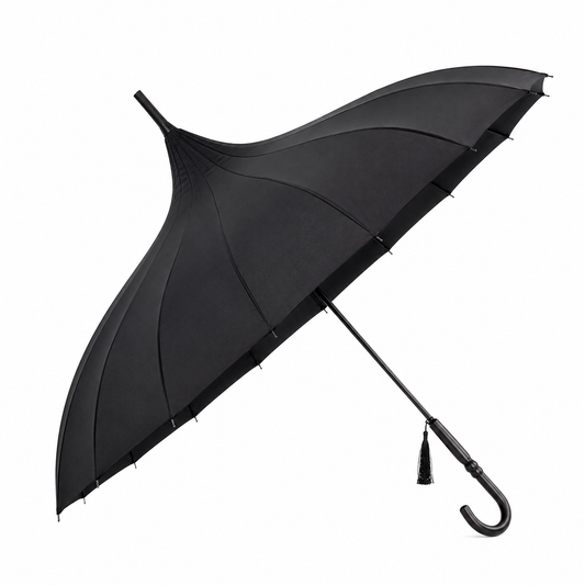 Black pagoda umbrella with pointed gothic canopy on white background