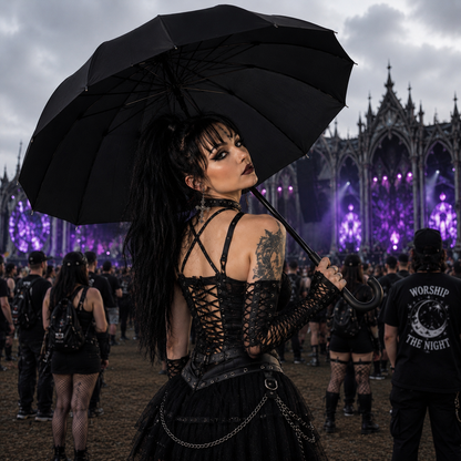 Gothic festival attendee holding black pagoda umbrella at outdoor music event